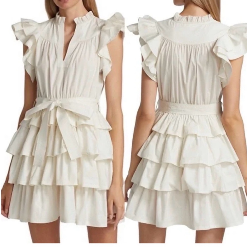 Ulla Johnson Cream Tiered Ruffle Mini Dress with Waist Tie - Picture 2 of 4